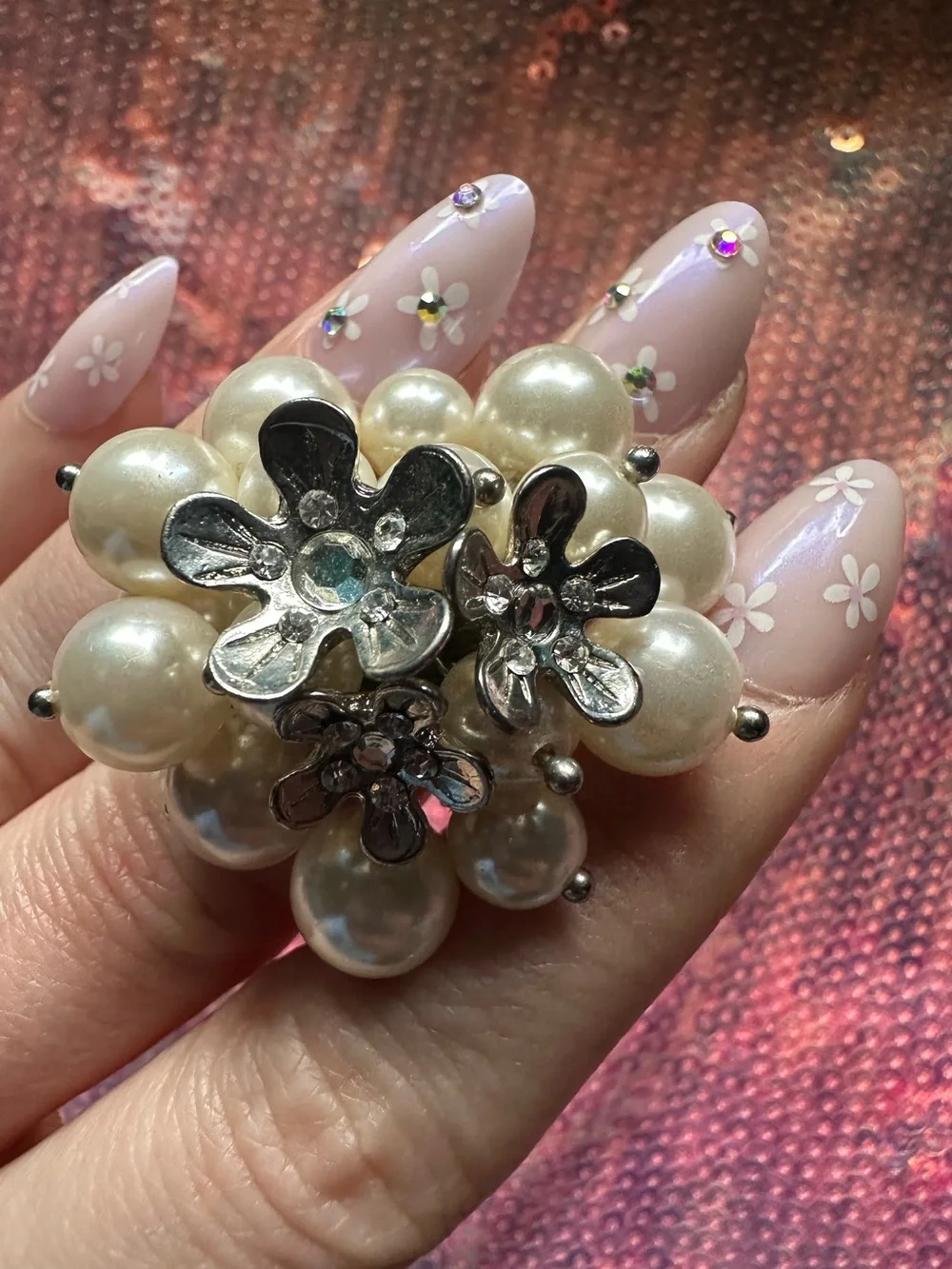Floral & Pearl Cluster Silver Tone Stretch Ring
